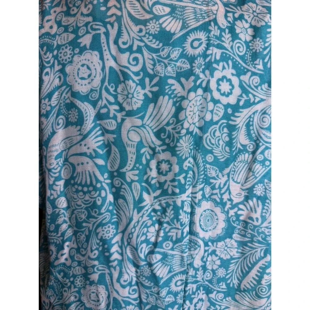 420. 2 Piece Set Dress and Kimono Teal Floral Bird Print XL Sleeveless V-Neck